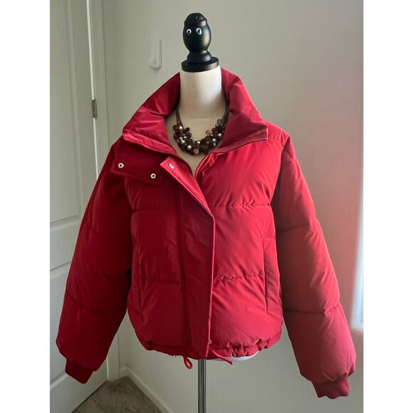 NWT GB Red Puffer Zip Front High Neckline Functional Pockets Cropped Jacket XL - Picture 3 of 13